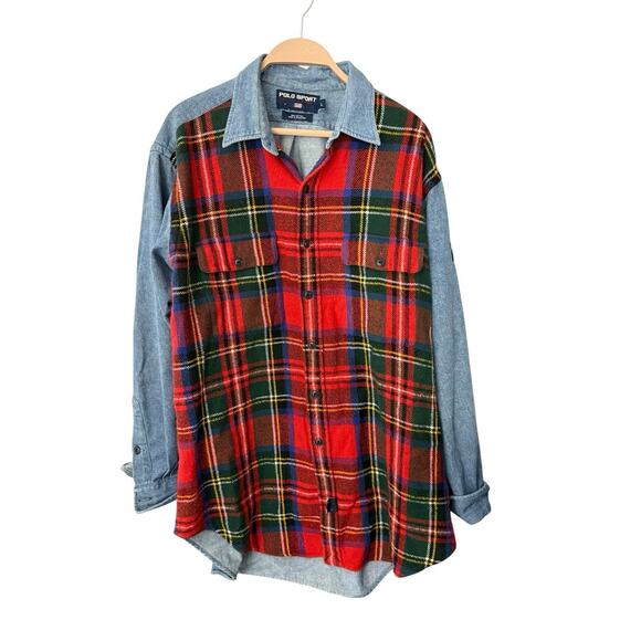 VTG 90s Polo Ralph Lauren Sz L Denim Plaid Flannel Button Up Shirt Sport - Picture 1 of 5